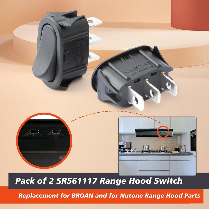 Mhrxusd 2 Pack SR561117 Range Hood Rocker Switch 3 Pin Replacement for Broan for Nutone Range Hood Part Replace R561117 1173058 R56117, Black - Image 2